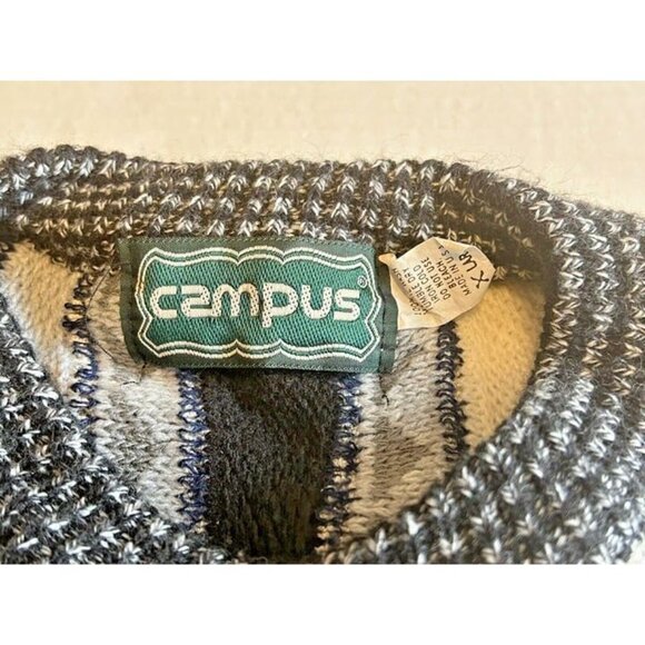 XL Men CAMPUS Black Gray White 3D Cable Knit Rare Vintage 80s Crew Neck Sweater - Picture 3 of 4